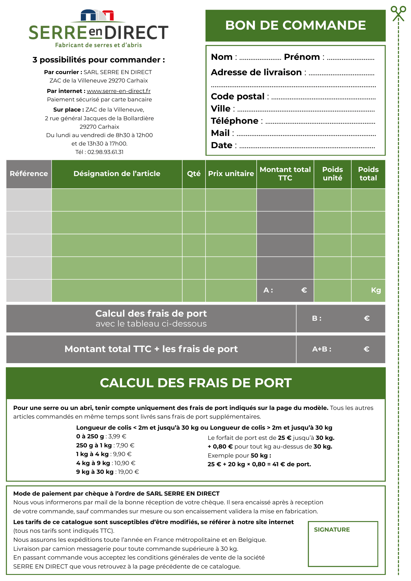 Bon de commande Serre en Direct